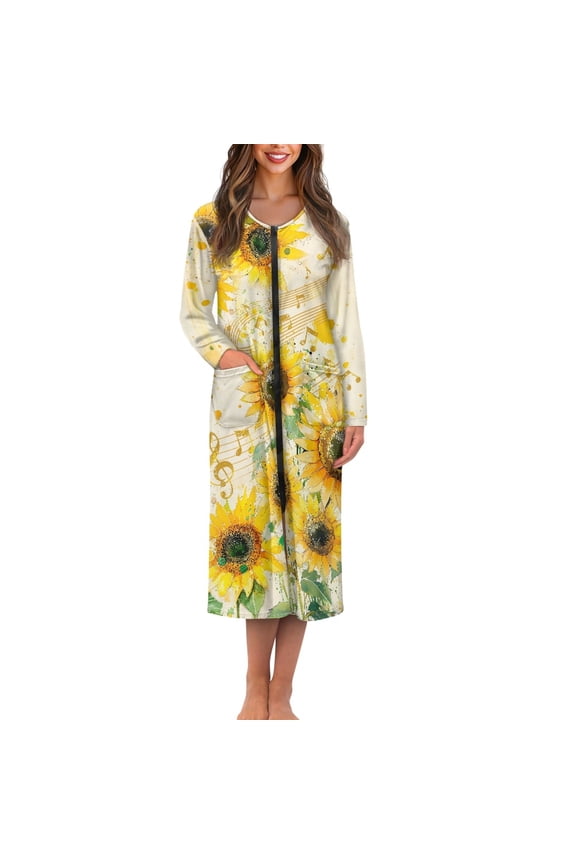 FOR U DESIGNS Sunflower Music Note Pattern House Dresses for Woman Lightweight House Dresses for Older Women Comfortable Woman Zipper Robes Knit Women's Sleepwear, 2XL