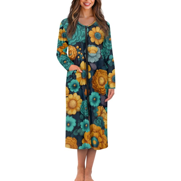ForUDesigns for U Designs Sunflower Peony Pattern Womens Nightgown Soft House Dresses for Women with Pockets, Lightweight Elastic Fabric Robes for