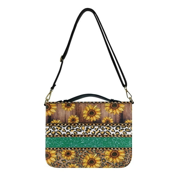 FOR U DESIGNS Sunflower Wood Bible Case Leopard Print Bible Bags for Women Organizer with Shoulder Strap PU Sturdy Bible Protector Size L Lightweight Sturdy Bible Carrier with Handle