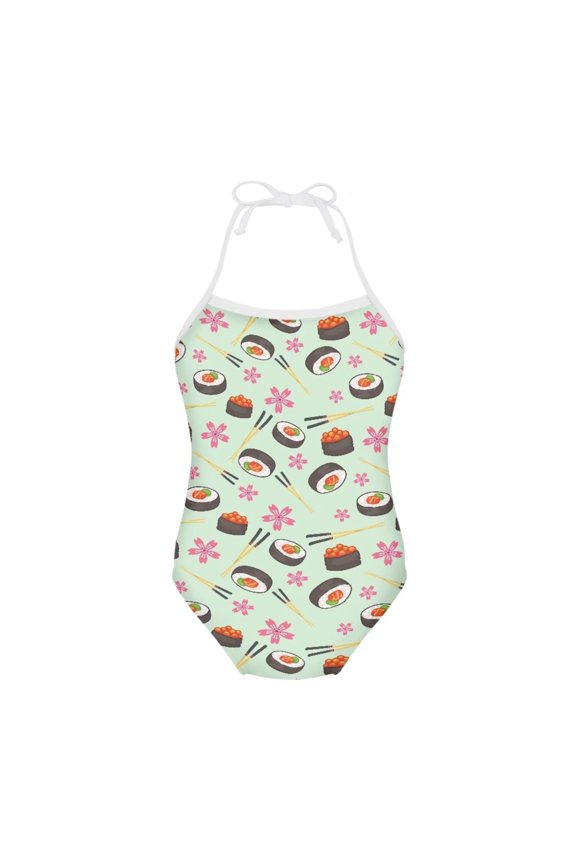 FOR U DESIGNS Sushi Cherry Blossom One Piece Swimsuit for Girls Breathable Quick Dry Beach Bathing Suit Size 1-2 Personalized Off Shoulder Halter Neck Swimwear