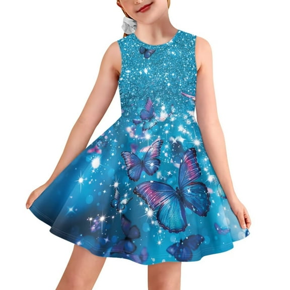 FOR U DESIGNS Teen Formal Dress Blue Butterfly Sleeveless Princess Dresses Summer Spring Midi Dress Flowy Swing Dresses Casual Skater Tank Dress for Kids Girl 11-12T