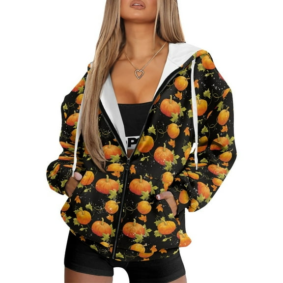 FOR U DESIGNS Thanksgiving Hooded Zip Up Sweatshirt Women Pumpkin Oversized Hoodies Size S Hoodie Cardigans for Women Trendy Fall with Pockets Long Sleeve Activewear