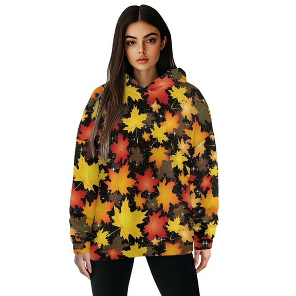 FOR U DESIGNS Thanksgiving Hoodies Oversized Pullover Maple Leaf Sweatshirt for Women Size S Ladies Tunics Casual Shirts Long Sleeve Hoodie Pullover Down-Shoulder Collar Tops