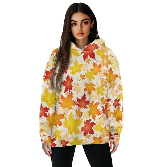 FOR U DESIGNS Thanksgiving Hoodies Oversized Sweatshirts Maple Leaf Hooded Pullover Size S Long Sleeve Activewear Tops for Women Loose Fit Trendy Graphic Hoodie Fall