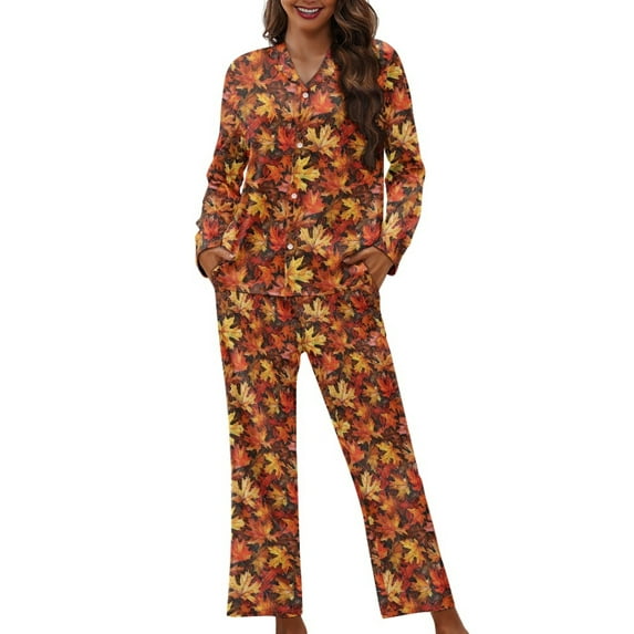 FOR U DESIGNS Thanksgiving Maple Button Up Pajamas for Women Long Sleeve Sleepwear Soft Loungewear Ladies Pjs Set of 2 Size XS Button Down Nightwear for Women