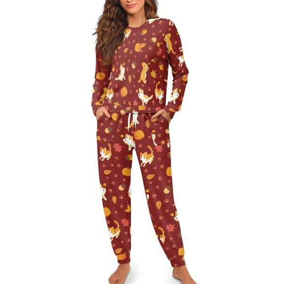 FOR U DESIGNS Thanksgiving Maple Leaf Cat Pj Sets for Women Long Sleeve and Pants 2 Pack Size XL Night Suits Women Pajama Drawstring Long Sleeve Sleep Lounge Sleepwear