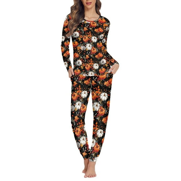 FOR U DESIGNS Thanksgiving Maple Pumpkin Pj Sets for Women Long Sleeve with Pockets Set of 2 Size XS Nightwear Suits Women Pajama Set Polyester Ladies Pj Sets Fall