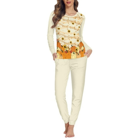 FOR U DESIGNS Thanksgiving Note Pumpkin Pajama Sets for Women 2 Piece Size L Small Long Sleeve Pants with Pockets Sleepwear for Women Crew Neck Tops Fall