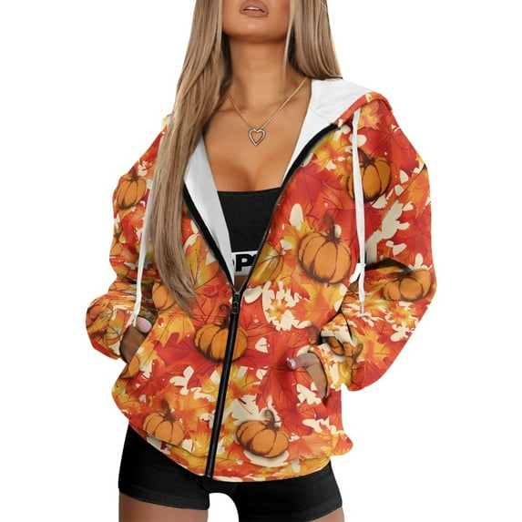 FOR U DESIGNS Thanksgiving Oversized Zip Up Hoodie for Womens Long Cardigan Comfortable Hooded Size XS Ladies Zipper Maple Leaf Hoodies with Pockets and Drawstring Fall