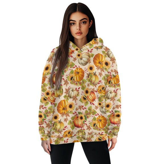 FOR U DESIGNS Thanksgiving Pullover Hoodies for Women Oversized Maple Leaf Pumpkin Hooded Pullover Sweatshirt Size 2XL Women Activewear Tops Long Sleeve Hoodie with Designs