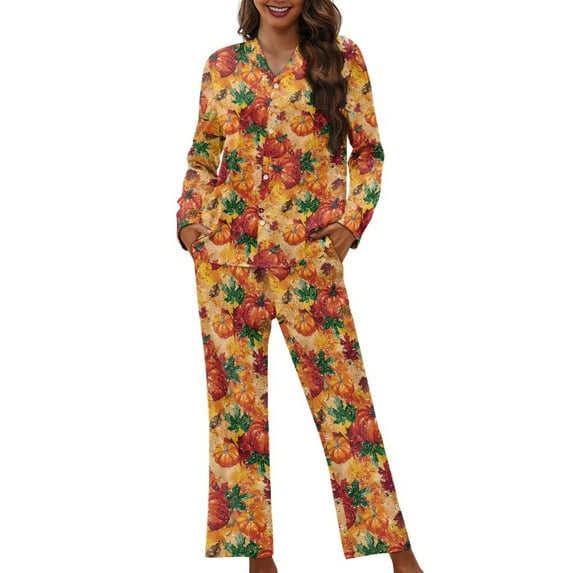 FOR U DESIGNS Thanksgiving Pumpkin Long Sleeve Button Up Pajama Tops for Women Sleepwear Long Sleeve 2PCS Size XS Womens Button Down Jogger Pants Nightwear Sets