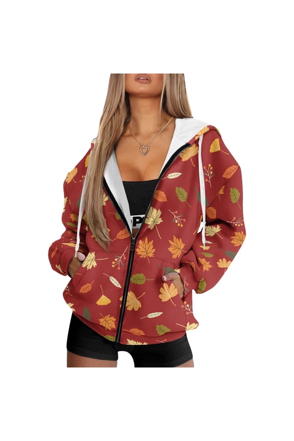 FOR U DESIGNS Thanksgiving Women Hooded Zipper Sweatshirt Oversized Comfy Hoodies Size M Maple Leafs Sweatshirts for Women Loose Fit Down-Shoulder Collar Hoodie Sportswear