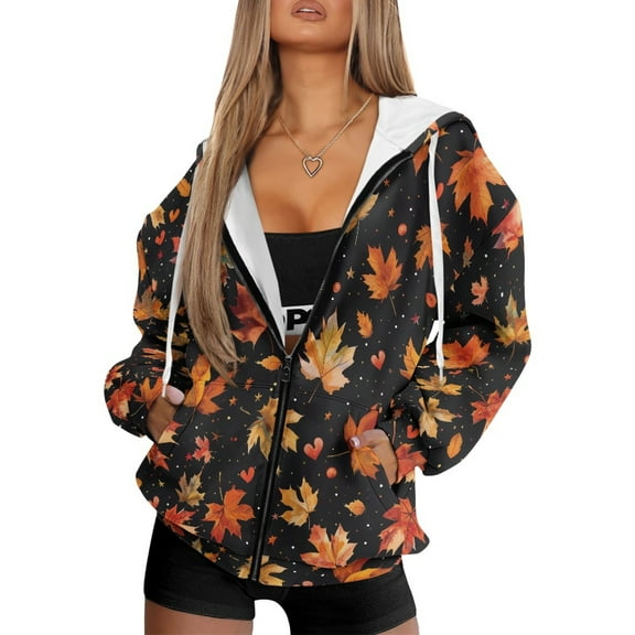 FOR U DESIGNS Thanksgiving Zipper Hooded Sweatshirt Womens Long Cardigan Oversized Hoodies Size M Long Sleeve Maple Leaf Hoodie for Women Down-Shoulder Collar Sportswear