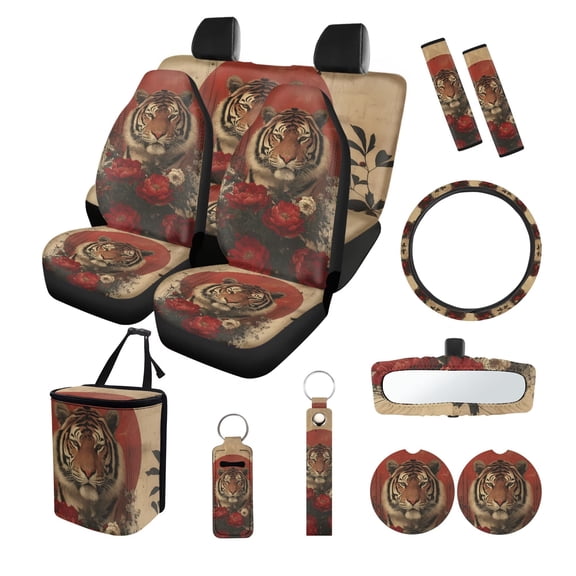 FOR U DESIGNS Tiger Peony Print Car Seat Covers Set of 13 with Universal Steering Wheel Cover, Rear View Mirror Cover, Cup Coasters, Car Trash Can, Seatbelt Pads, Keychains