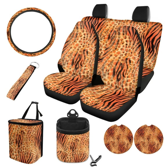 FOR U DESIGNS Tiger Print Car Accessories Set Waterproof Front Rear Bench Bucket Seat Cover Steering Wheel Cover Auto Trash Can Air Vent Storage Coaster and Keychain, Pack of 10