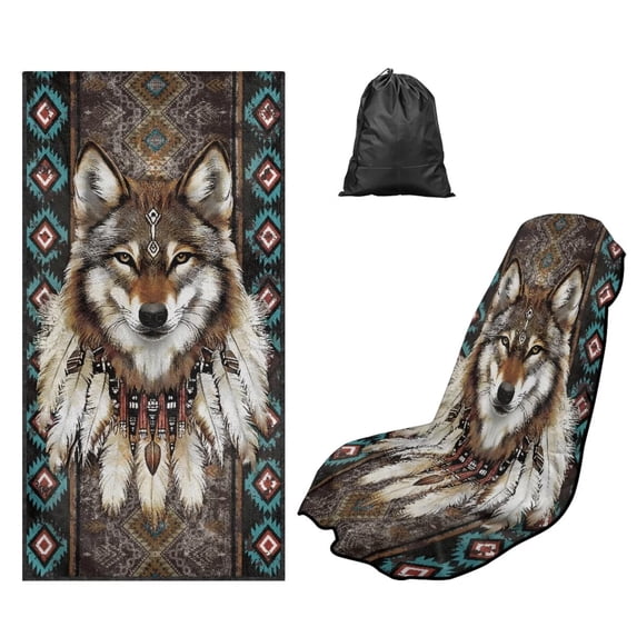 FOR U DESIGNS Tribal Wolf Geometric Aztec Print Car Seat Cover Multi Purpose Running Towel for Outdoor Sport Gym Beach Universal Fit Car Towel Seat Cover with Storage Bag, 2 Pack