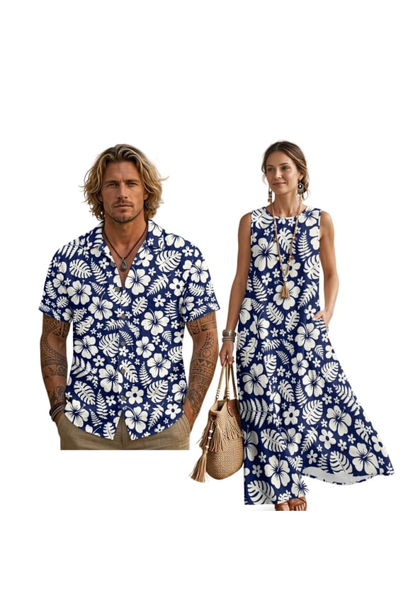 FOR U DESIGNS Tropical Hibiscus Monstera Print Matchable Couple Outfits Hawaiian Button Down Shirt or Sleeveless Sundress with Pockets Fashion Matching Clothes for Beach Parties