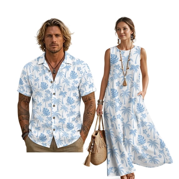 FOR U DESIGNS Tropical Palm Tree Monstera Print Couples Matching Outfits Hawaiian Linen-Look Women Sleeveless Maxi Dress or Men Button Down Shirt His and Hers Matching Set