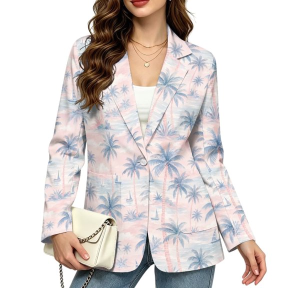 FOR U DESIGNS Tropical Palm Tree Print Women's Suit Jackets Open Front Blazer Lapel Collar, Long Sleeve Button Open Front Jacket, Casual Outfits for Spring Fall Winter
