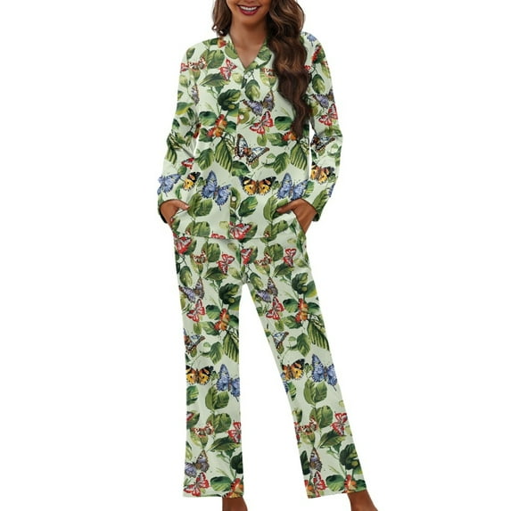 FOR U DESIGNS Vintage Butterfly Pajama Sets for Women 2 Piece Button Down Pants Size S Womens Nightwear Sets Button Front Pjs Long Sleeve Pants and Tops for Women