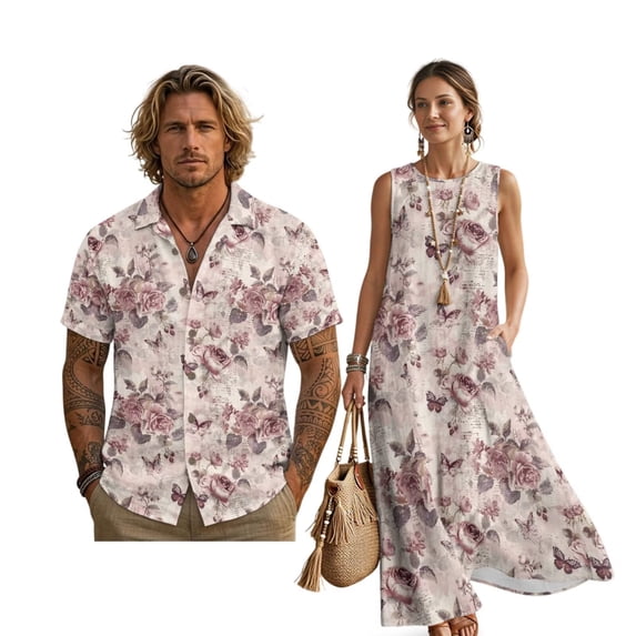 FOR U DESIGNS Vintage Rose Butterfly Print Couple Matching Outfits Linen-Like Men's Button Down Shirt Women's Sleeveless Dress with Pockets for Beach Vacation