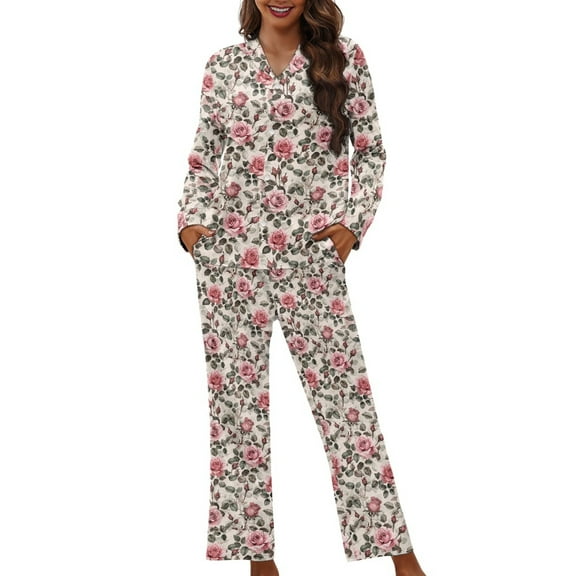 FOR U DESIGNS Vintage Rose Womens Button Down Pajama Sets Long Sleeve Pj Pants Set 2 Piece Size 3XL Sleepwear Long Tops for Women Button Up Loungewear with Pockets