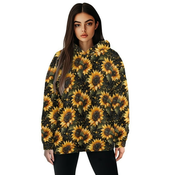FOR U DESIGNS Vintage Sunflower Hoodie Oversized Long Sleeve Loose Pullover Sweatshirt for Women Size S Ladies Lightweight Pullover Hoodies Down-Shoulder Collar Tops