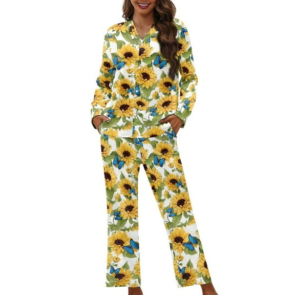 FOR U DESIGNS Vintage Sunflower Pajama Sets for Women 2 Piece Button Down Long Sleeve Pants and V-neck Tops Size S Button Up Sleepwear for Women Nightwear Fall