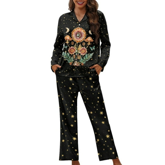 FOR U DESIGNS Vintage Sunflower Pajamas Sets for Women 2 Piece Size XS Pants Button Up Sleepwear Long Sleeve V-neck Tops for Womens Nightwear Sets Button Front