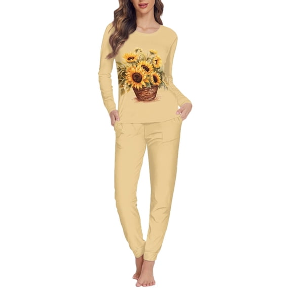 FOR U DESIGNS Vintage Sunflower Womens Pajama Set Long Sleeve Pants with Pockets for Women Pajamas Set 2PCS Size S Sleepwear for Women Fall Nightwear Tops Pjs