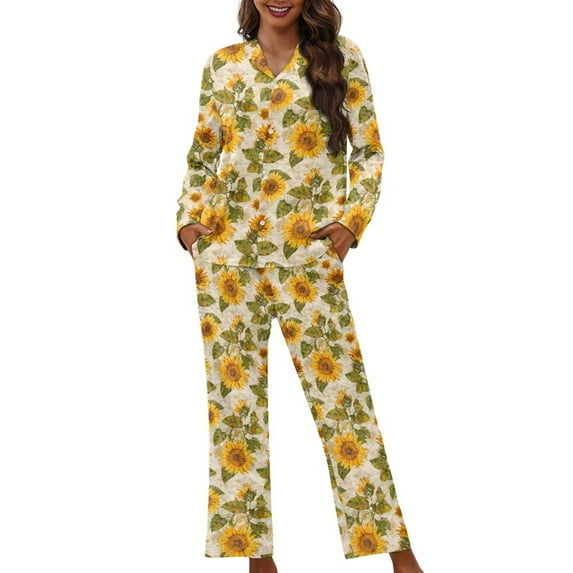 FOR U DESIGNS Vintage Sunflower Womens Pajamas Set Long Sleeve Sleepwear 2 Pack Size XS Button Down Nightwear Soft Pj Lounge Sets for Women Jogger Loungewear Fall