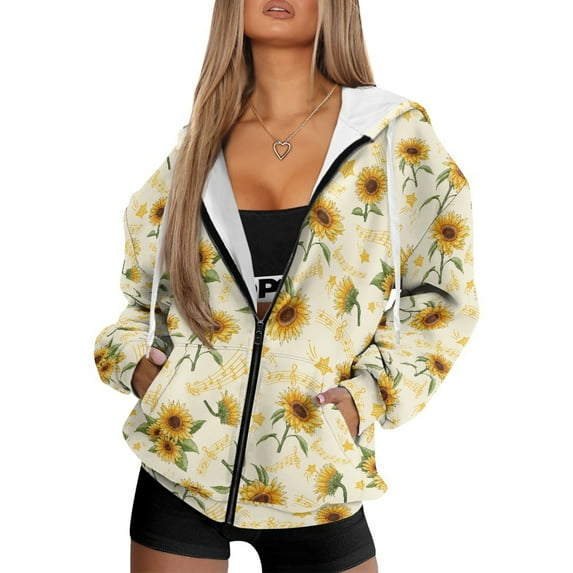 FOR U DESIGNS Vintage Sunflower Zip Up Hoodies for Women Oversized Sweatshirts Loose Fit Hoodie Size XL Ladies Hooded Long Sleeve Cardigan Down-Shoulder Collar Sportswear