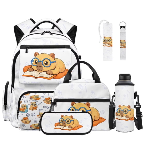 FOR U DESIGNS White Capybara Read Book Print Backpack and Lunch Bag Set for Elementary School Multi-Pockets Backpack with Pencil Case Water Bottle Sleeve Bookmark Keychain Book Bag for Kids Primary