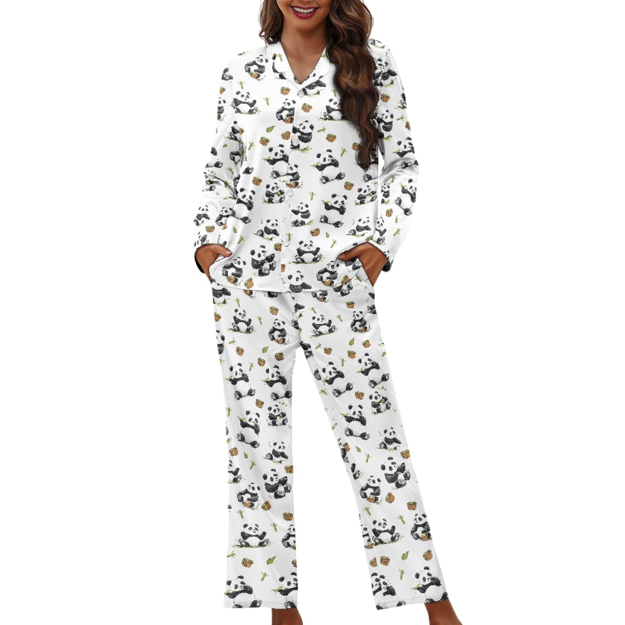 FOR U DESIGNS White Panda Button Pajamas for Womens Button Down Pajama ...