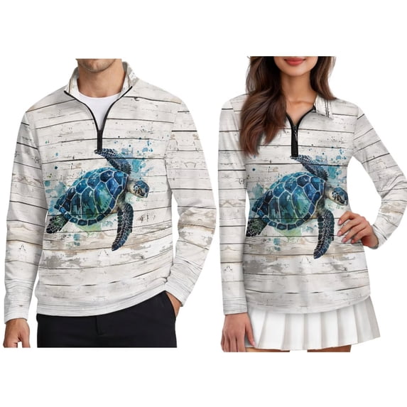FOR U DESIGNS White Wooden Turtle Splash Print Couple Outfits Matching His and Her Golf Shirts Long Sleeve 1/4 Zip Quick Dry Polo Shirts for Men Women