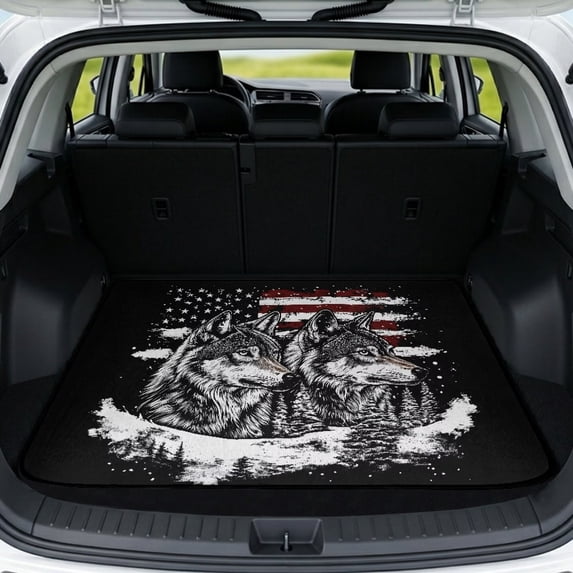 FOR U DESIGNS Wolf American Flag Print Universal Car Trunk Mat Anti-Slip Car Trunk Mat Easy to Clean Cargo Liner Durable All Weather Vehicle Interior Accessories for Most Car Models