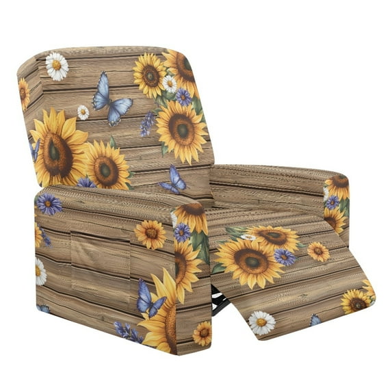FOR U DESIGNS Wood Butterfly Sunflower Daisy Print Recliner Chair Covers with Arms, Polyester Lazy Boy Recliner Covers Anti-Slip Living Room Chair Protector Slipcover for Pet,Kids