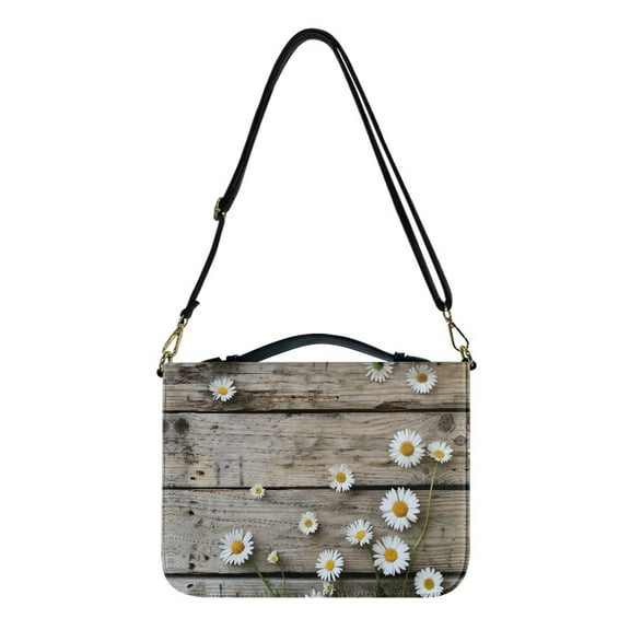 FOR U DESIGNS Wooden Daisy Bible Cover for Women Reusable Bible Cover Case with Shoulder Strap Sturdy Leather Bible Cover Size Large Portable Personalized Book Organizer Bag