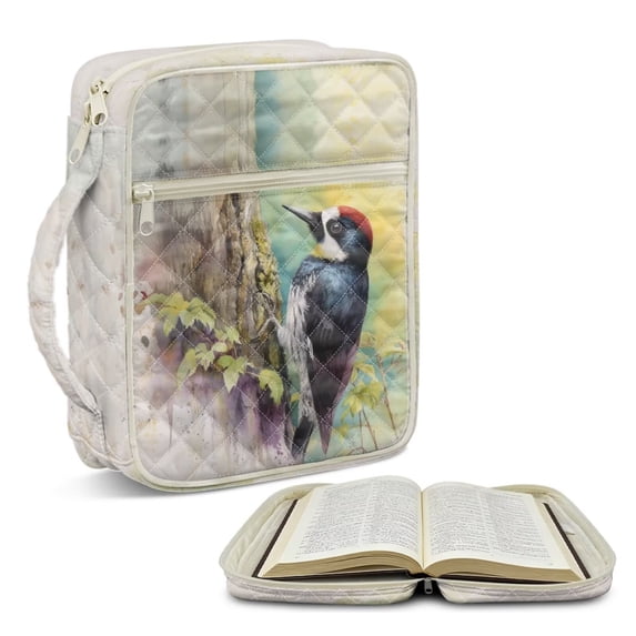 FOR U DESIGNS Woodpecker Print Bible Cover Quilted Bible Holder Case Reusable Book Cover Handbag Bible Protective with Zipper Pocket Christian Bible Accessories Gifts
