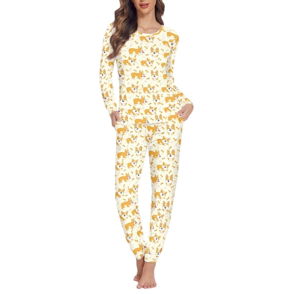 FOR U DESIGNS Yellow Bones Corgi Pajama Set for Women Long Pants with Pockets set of 2 Size XL Womens Lounge Set Long Sleeve Sleepwear Crew Neck Tops for Women