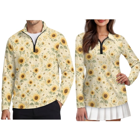 FOR U DESIGNS Yellow Sunflower Print Matching Golf Shirts for Couples Moisture Wicking Golf Shirts Soft Quarter Zip Casual Outfits for Running Gym Hiking