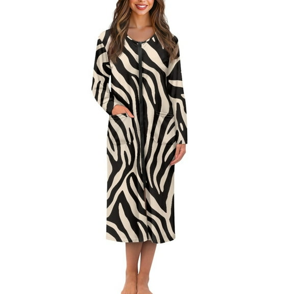 FOR U DESIGNS Zebra Pattern Womens Nightgown Soft Long Sleeve Duster Robe Zip Up Elastic Fabric Robes for Women Sleep Dress House Dress with Pockets, M