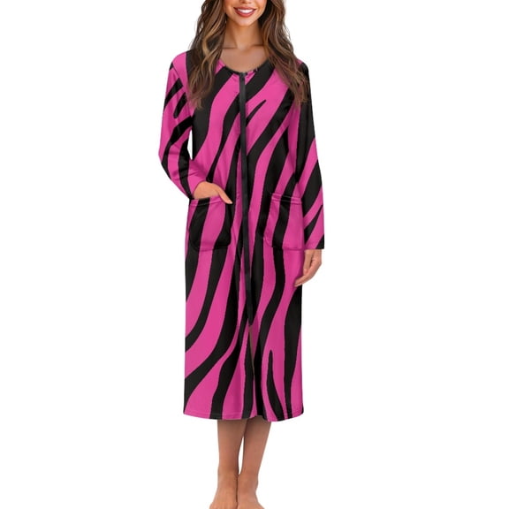 FOR U DESIGNS Zebra Pink Print Womens Nightgown Lightweight Long Sleeve Woven Housecoat Breathable Zipper Dusters Robe Women's Sleepwear with Pockets, XL