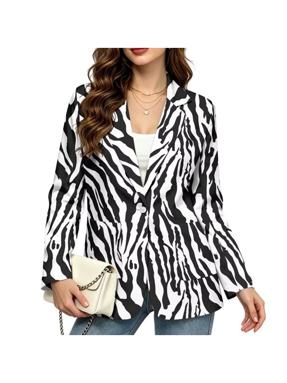FOR U DESIGNS Zebra Stripe Print Women's Blazer Business Casual Suit Jackets Notch Lapel, Long Sleeve Slim Fit, Fall Winter Suit Jacket with Pockets, Office Work Outfits, Fall Clothes