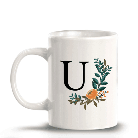 U Floral Pattern 11oz Ceramic Coffee Mug | Initial Personalized Gift