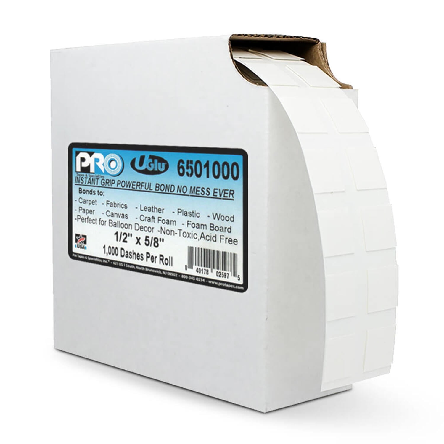 UGlu Dashes Roll of 1000 with Dispenser Double-Sided Adhesive Mounting Tabs Transparent 1/2" x 5/8