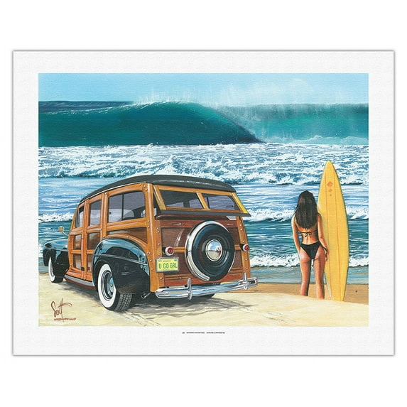 U Go Girl - Retro Woodie Car on Beach with Surfer Girl - From an Original Color Painting by Scott Westmoreland - Fine Art Rolled Canvas Print 20in x 26in