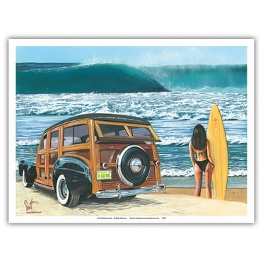 U Go Girl - Retro Woodie Car on Beach with Surfer Girl - From an Original Color Painting by Scott Westmoreland - Master Art Print (Unframed) 9in x 12in