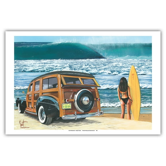 U Go Girl - Retro Woodie Car on Beach with Surfer Girl - From an Original Color Painting by Scott Westmoreland - Master Art Print (Unframed) 12in x 18in