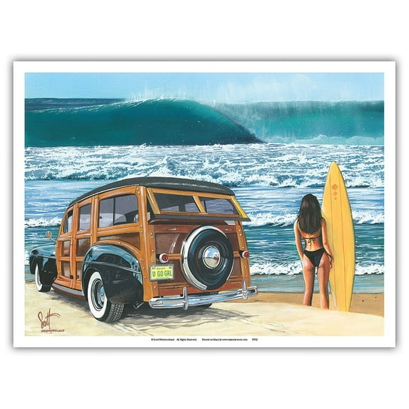 U Go Girl - Retro Woodie Car on Beach with Surfer Girl - From an Original Color Painting by Scott Westmoreland - Master Art Print (Unframed) 9in x 12in